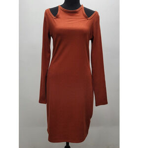 Dual Nature Ribbed Cold Shoulder Halter Bodycon Dress Brick Size Small